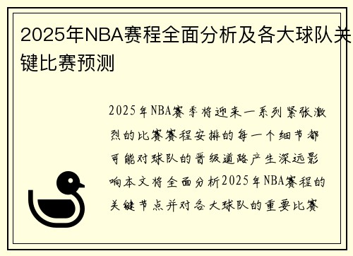 2025年NBA赛程全面分析及各大球队关键比赛预测