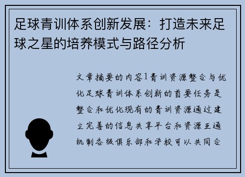 足球青训体系创新发展：打造未来足球之星的培养模式与路径分析
