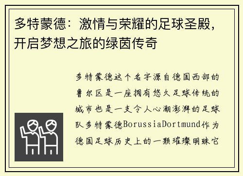 多特蒙德：激情与荣耀的足球圣殿，开启梦想之旅的绿茵传奇