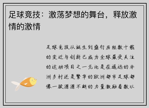 足球竞技：激荡梦想的舞台，释放激情的激情