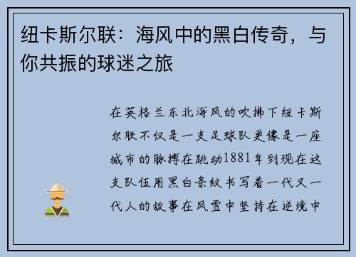 纽卡斯尔联：海风中的黑白传奇，与你共振的球迷之旅