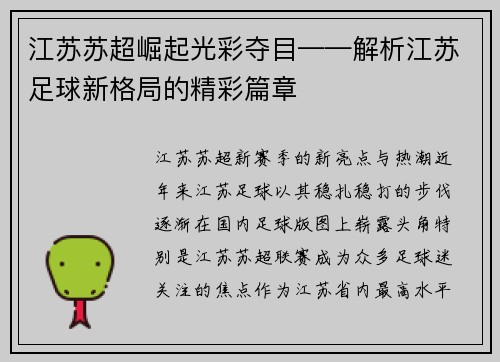 江苏苏超崛起光彩夺目——解析江苏足球新格局的精彩篇章